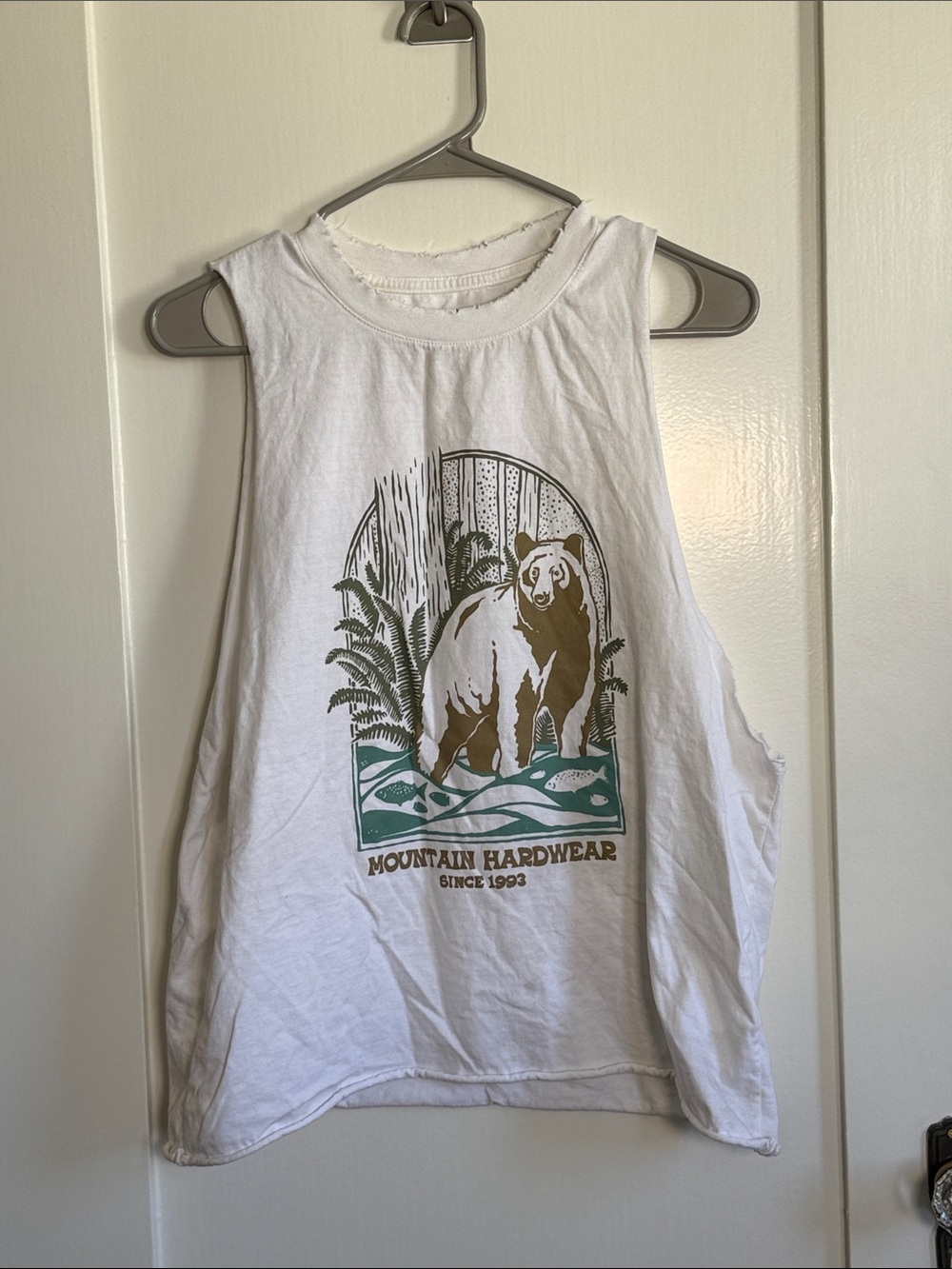 Mountain Hardwear White Tank Top with Green and Brown Bear Graphic